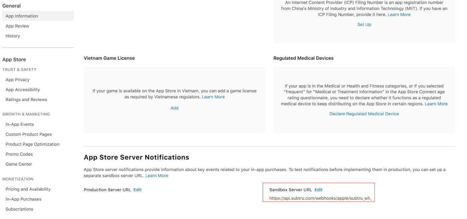App Store Connect App Store Server Notifications settings showing production and sandbox server URL fields