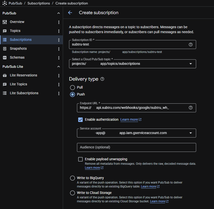 Google Cloud Pub/Sub create subscription screen with push delivery, endpoint URL, authentication, and blank audience