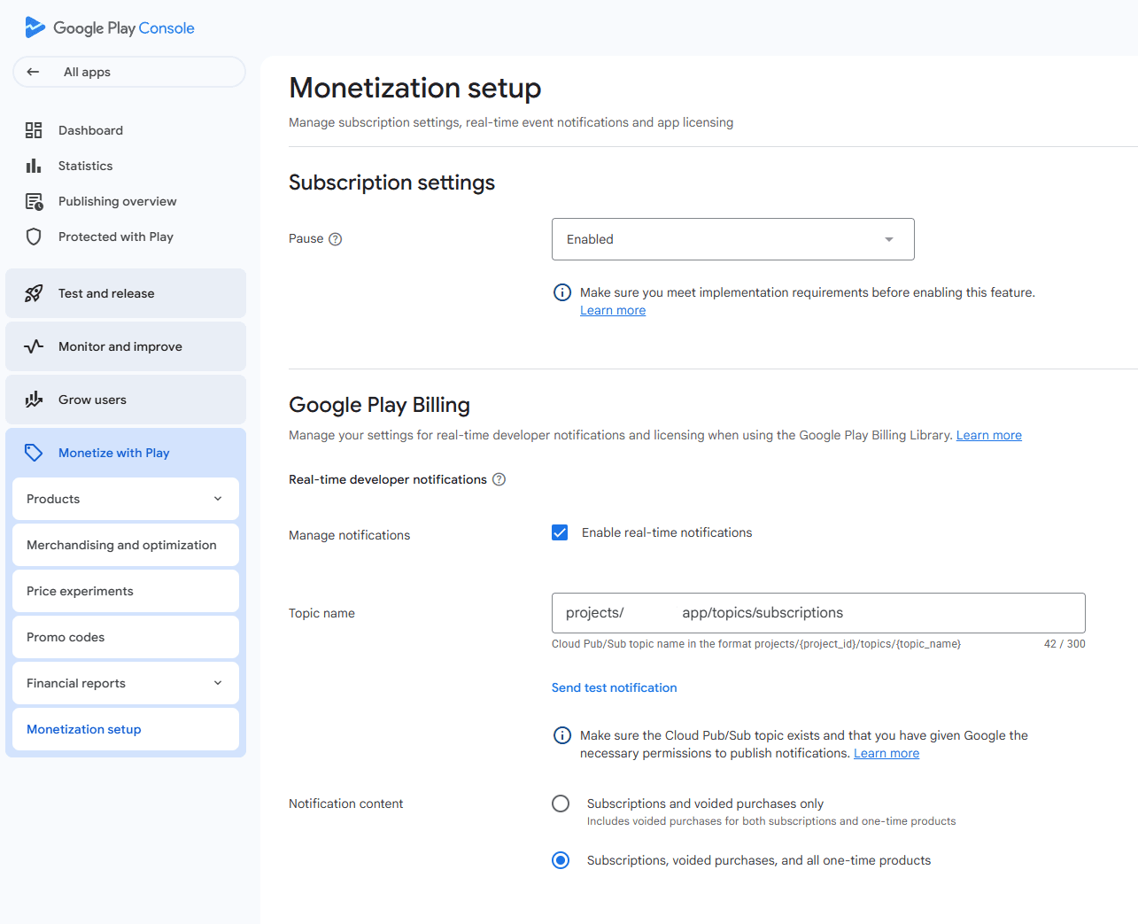 Google Play Console Monetization setup screen showing real-time developer notification settings