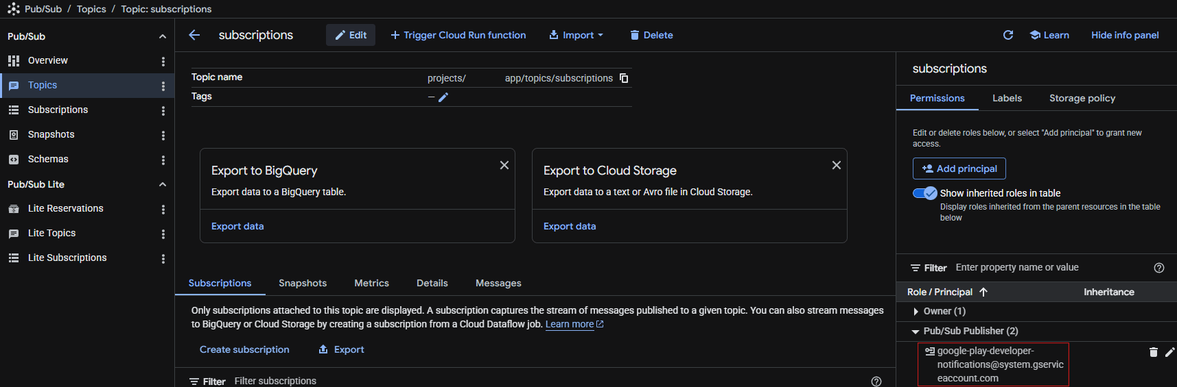 Google Cloud Pub/Sub topic permissions showing the Google Play developer notifications service account with Pub/Sub Publisher access