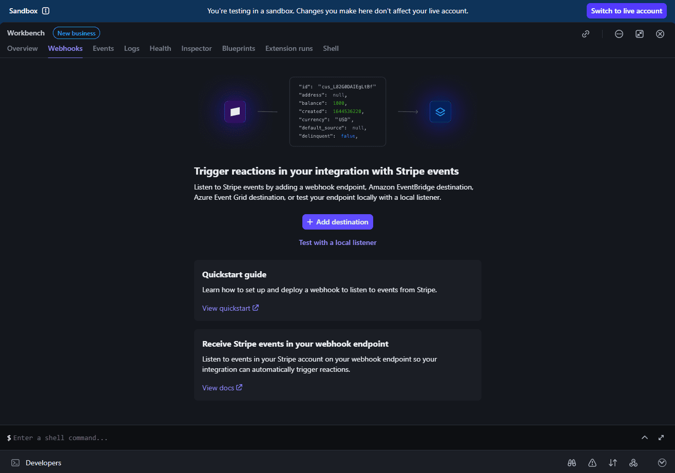 Stripe Workbench Webhooks page showing the Add destination button