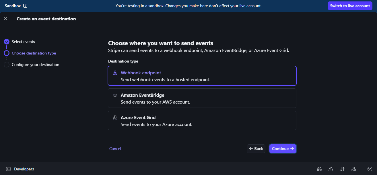 Stripe Choose where you want to send events screen with Webhook endpoint selected