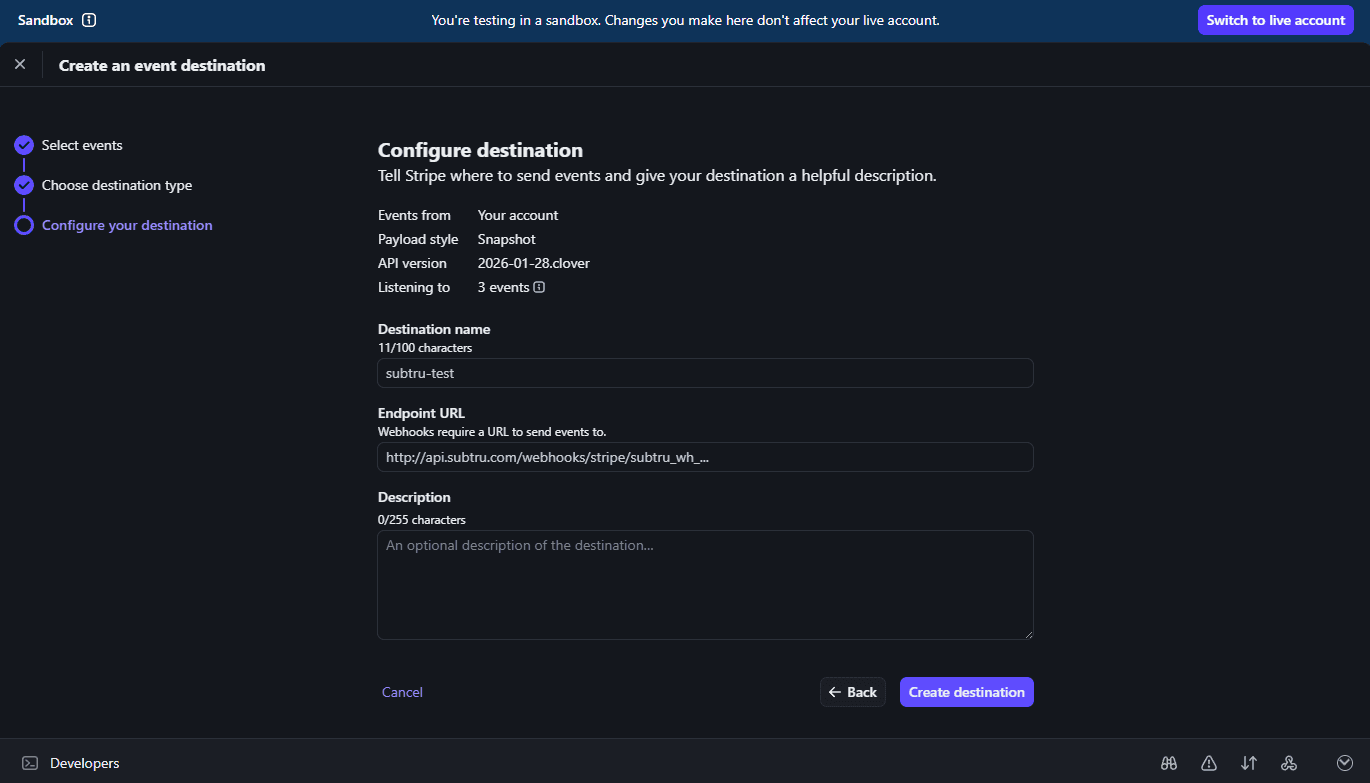 Stripe Configure destination screen with Snapshot payload style, Clover API version, destination name, and Endpoint URL