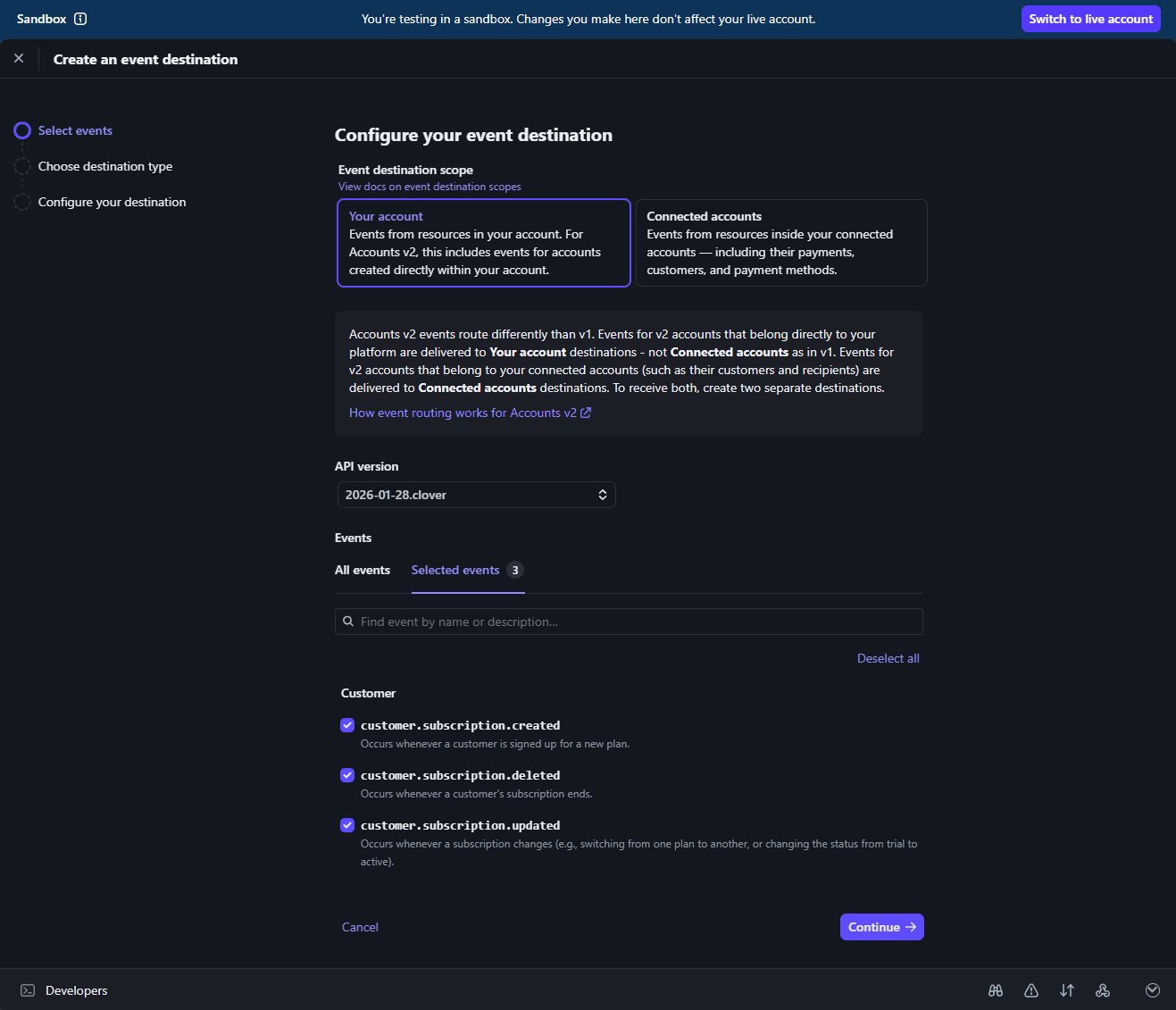 Stripe Configure your event destination screen with Your account, Clover, and selected subscription events